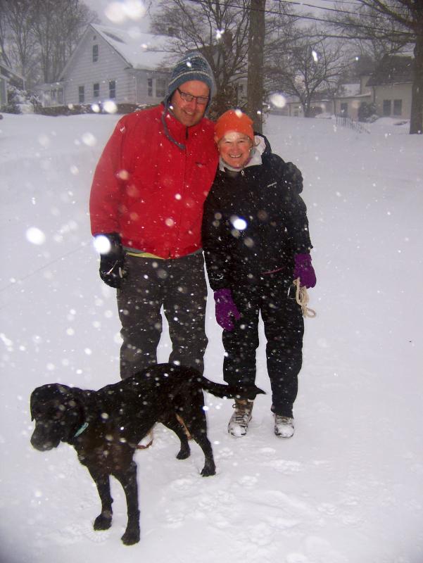 Chip and Colleen Johns were out and about with their dog Remy on Water Street in Mattapoisett during the storm. BY MATTHEW BERNAT